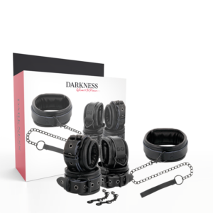 Handschellen und Halsband aus schwarzem Leder