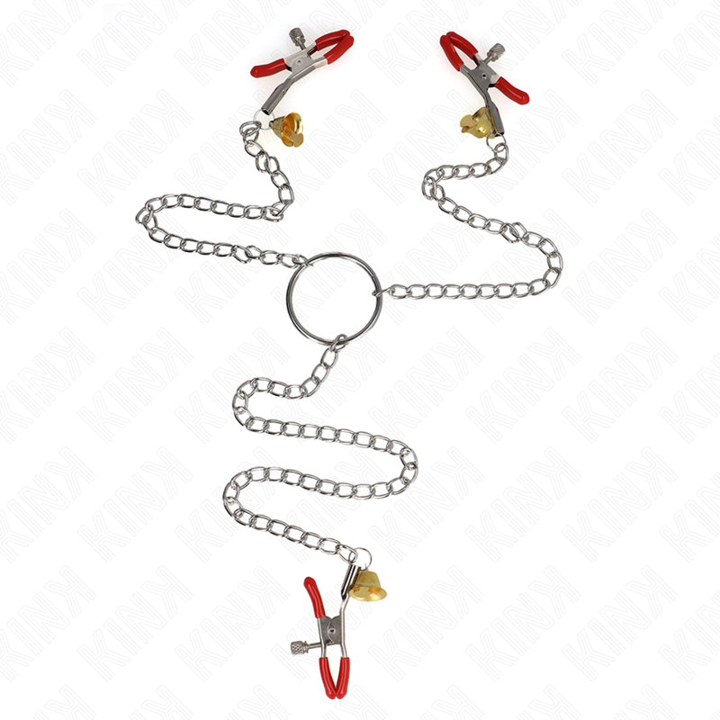 Nippel- und Klitorisklemmen mit Kette, mit Glöckchen – Rot – 30 cm