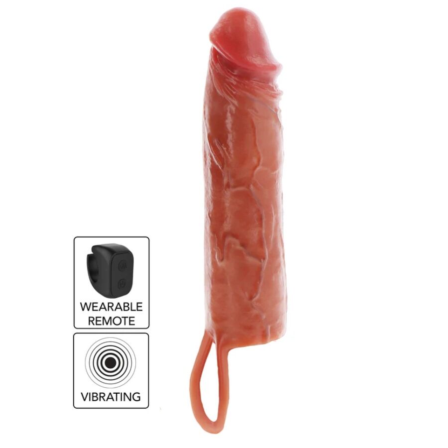 Vibrierende Silikon-Penishülle mit Fernbedienung – Karamell – 20 cm