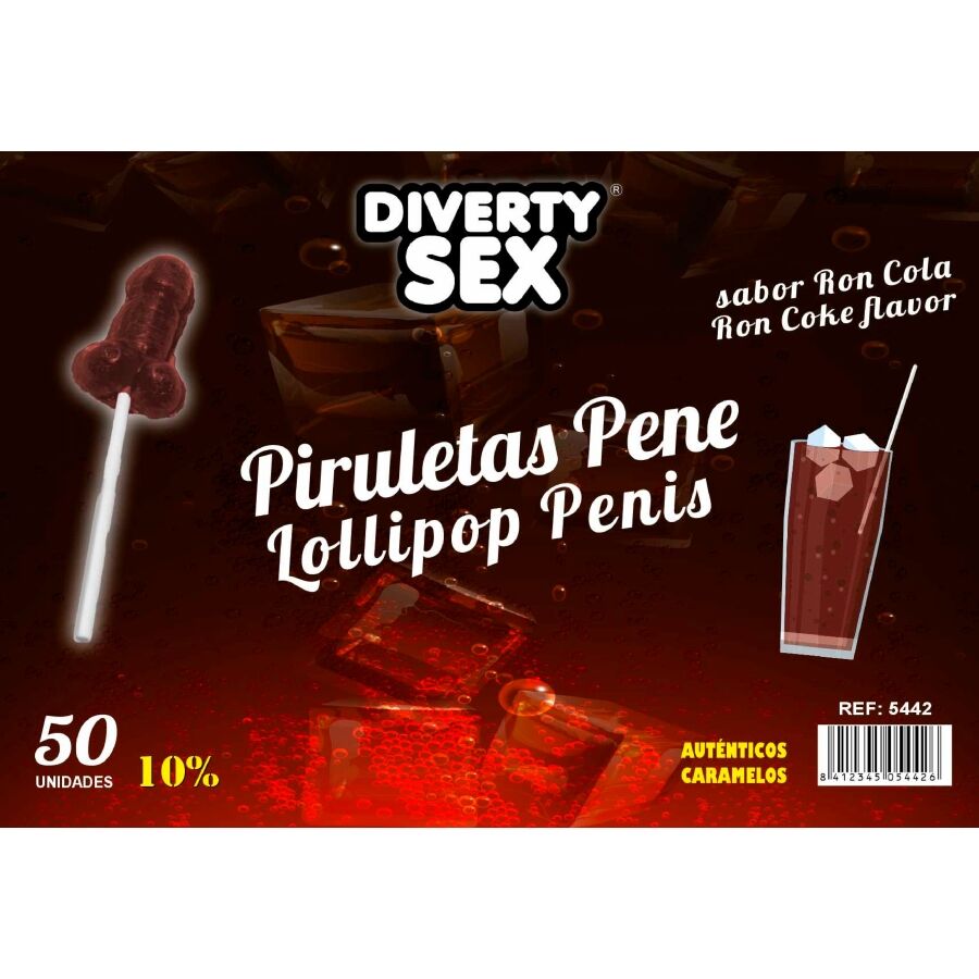 50 Penis-Lollipops Ron-Cola-Geschmack 10 % Alkohol