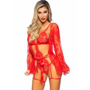 Leg Avenue – 86123 Teddy- und Strumpfband-Bademantel-Set, Rot, Grösse M